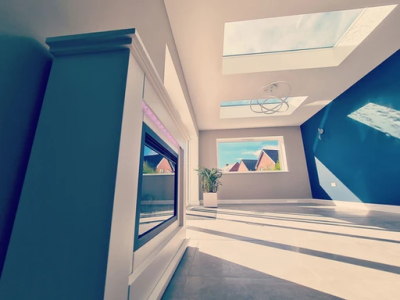 Detailed view of interior wall and ceiling repairs